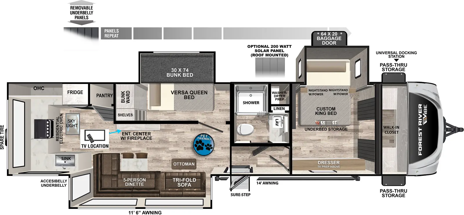The Vibe 3400SB floorplan has one entry and three slide outs. Exterior features include: fiberglass exterior and 11'6" & 14' awning. Interiors features include: bunk beds, rear kitchen and front bedroom.